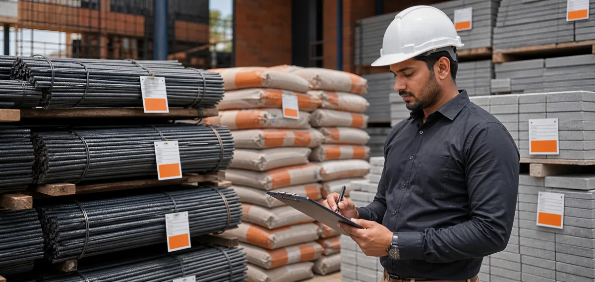 Engineer checking traceable building materials in site storage