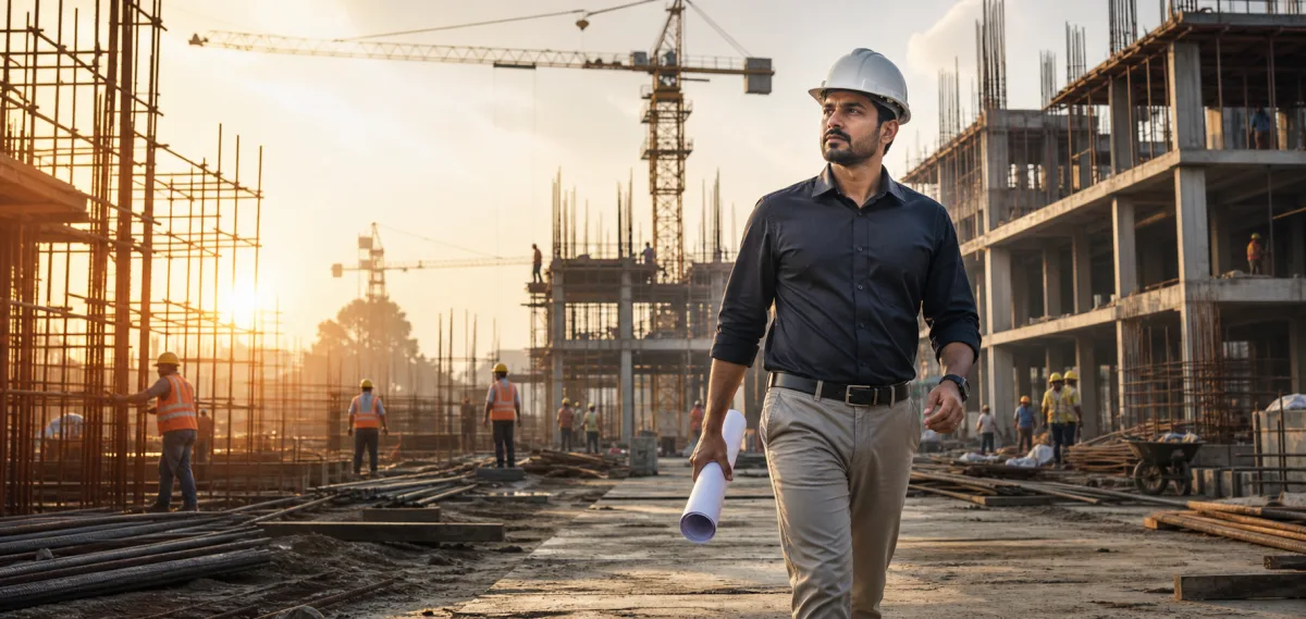 Construction manager coordinating an active project site
