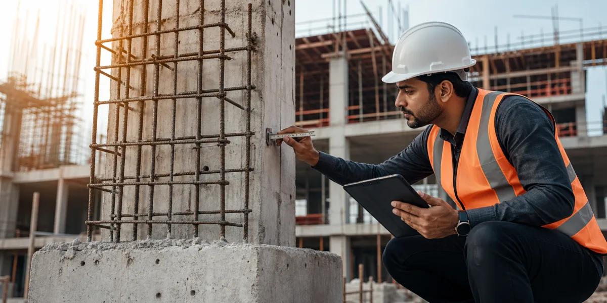 Civil engineer inspecting structural reinforcement at a construction site