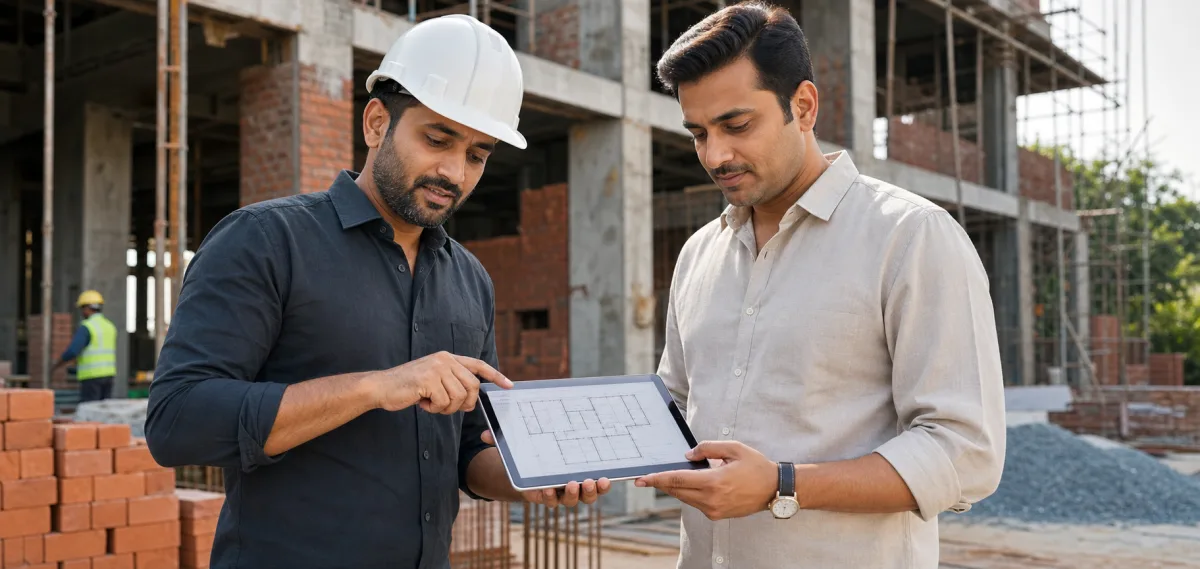 Architect reviewing a digital building plan with a property owner