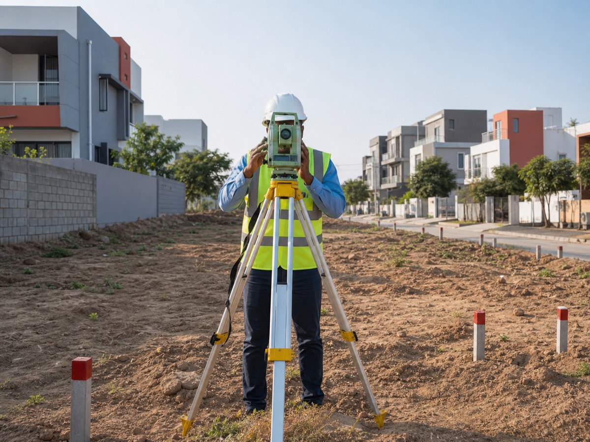 Surveyor using a total station on a residential plot