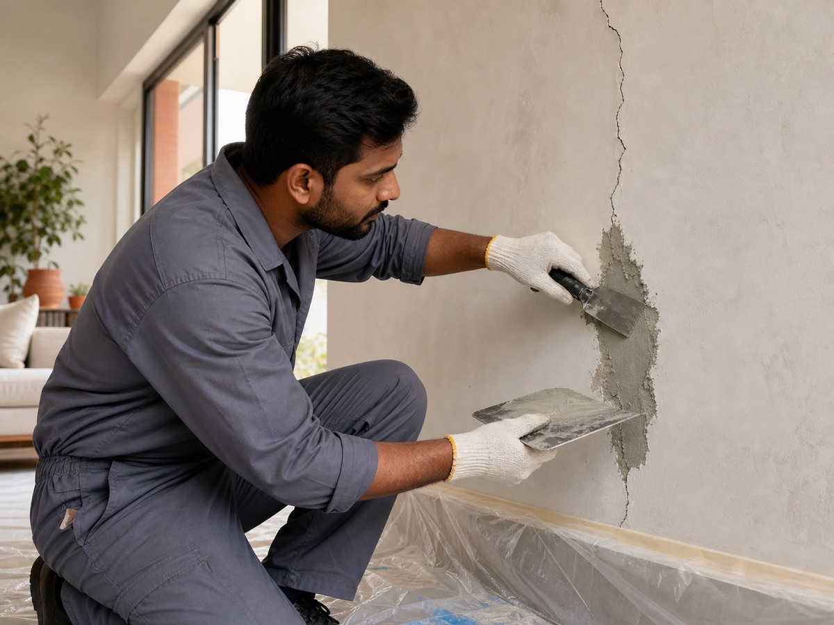 Technician repairing a cracked interior plaster wall