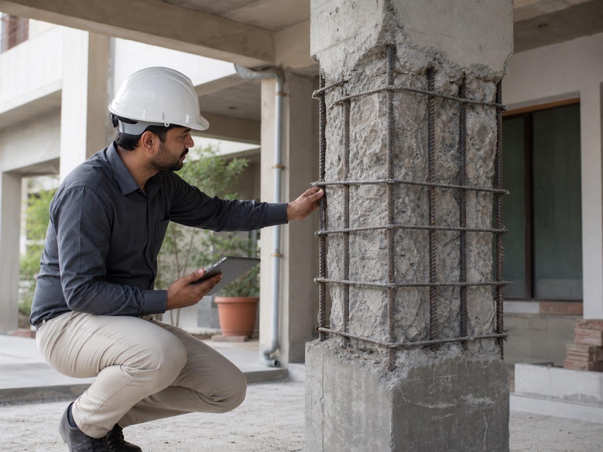 Engineer inspecting reinforcement during structural rectification