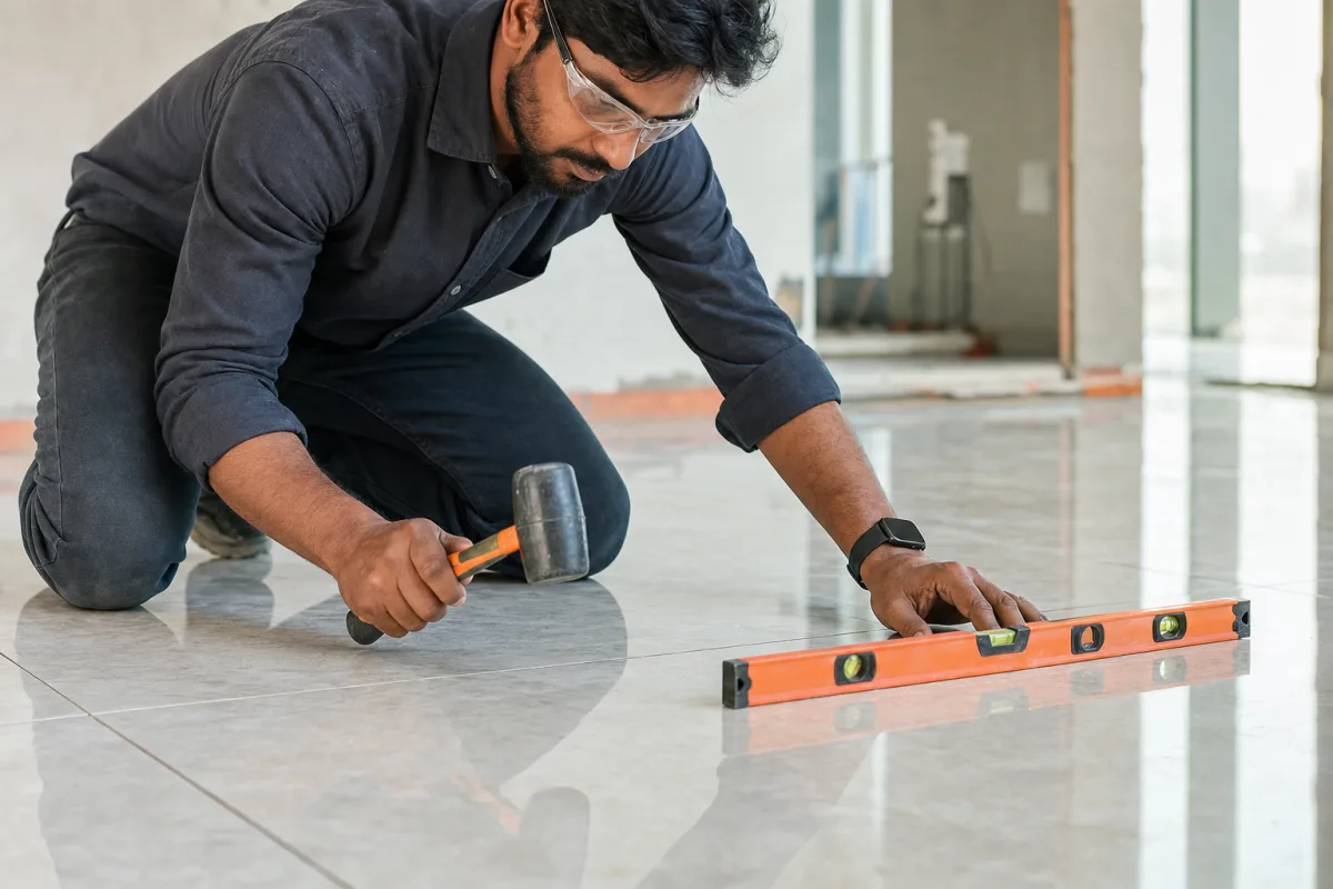 Engineer checking floor tiles with a tapping hammer and spirit level