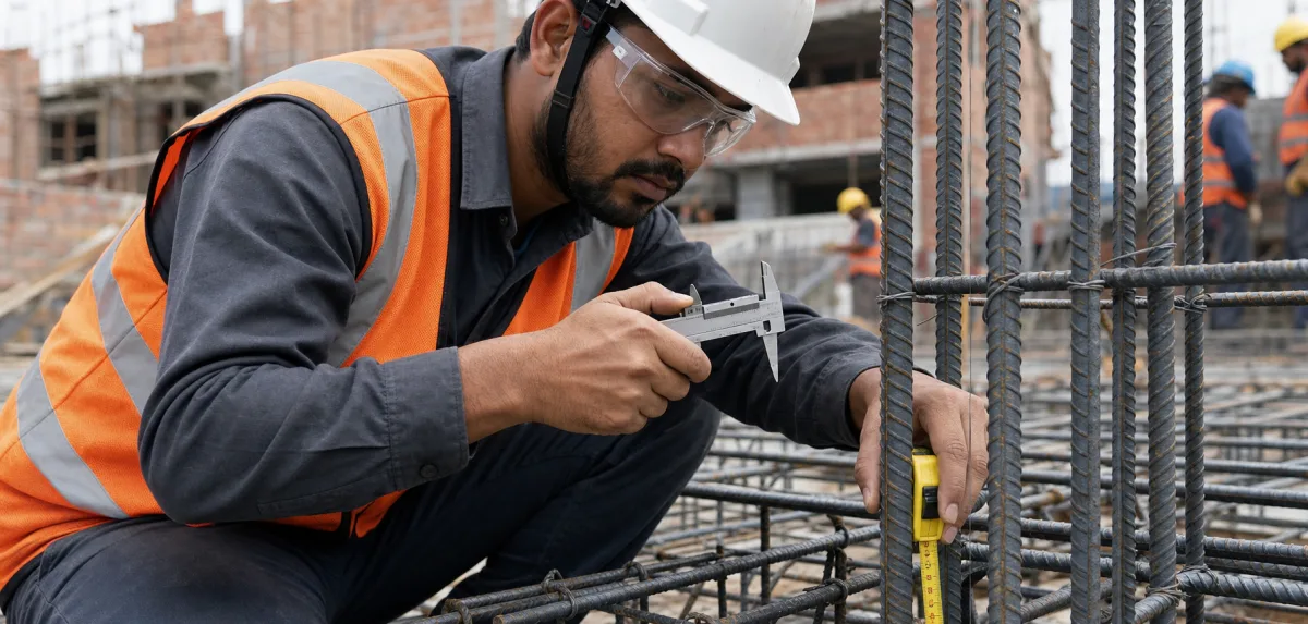 Engineer measuring reinforcement steel diameter and spacing