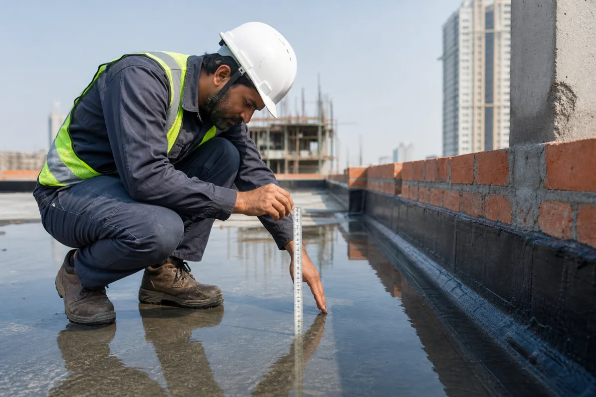 Engineer measuring water depth during a waterproofing ponding test